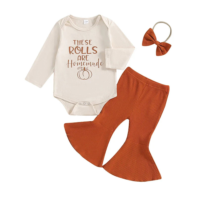These Rolls Are Homemade Thanksgiving Onesie with Bell Bottoms and Headband Bow