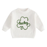 Baby Toddler Kids Boys Girls Lucky Knit Sweater Long Sleeve Round Neck Shamrock Letter Embroidery Pullover Spring St. Patrick's Day Top