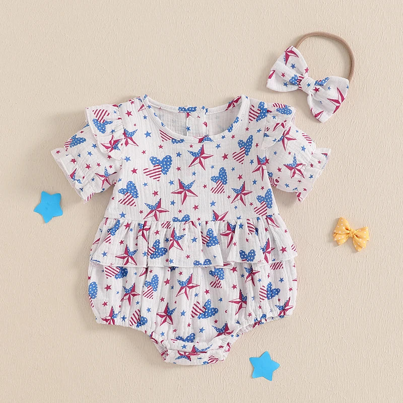 4th of July Bows or Stars And Stripes Romper and Headband Bow