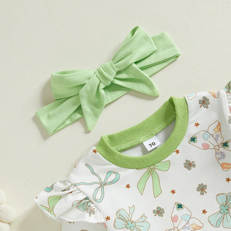 St. Patrick's Day Outfit Bow Four Leaf Clover Shamrock Sweatshirt and Matching Bottoms
