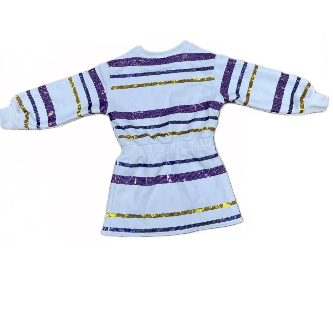 Three Little Tots SeersuckerJOEY LLC - Throw me the ball Game Day dress, in Purple and Gold