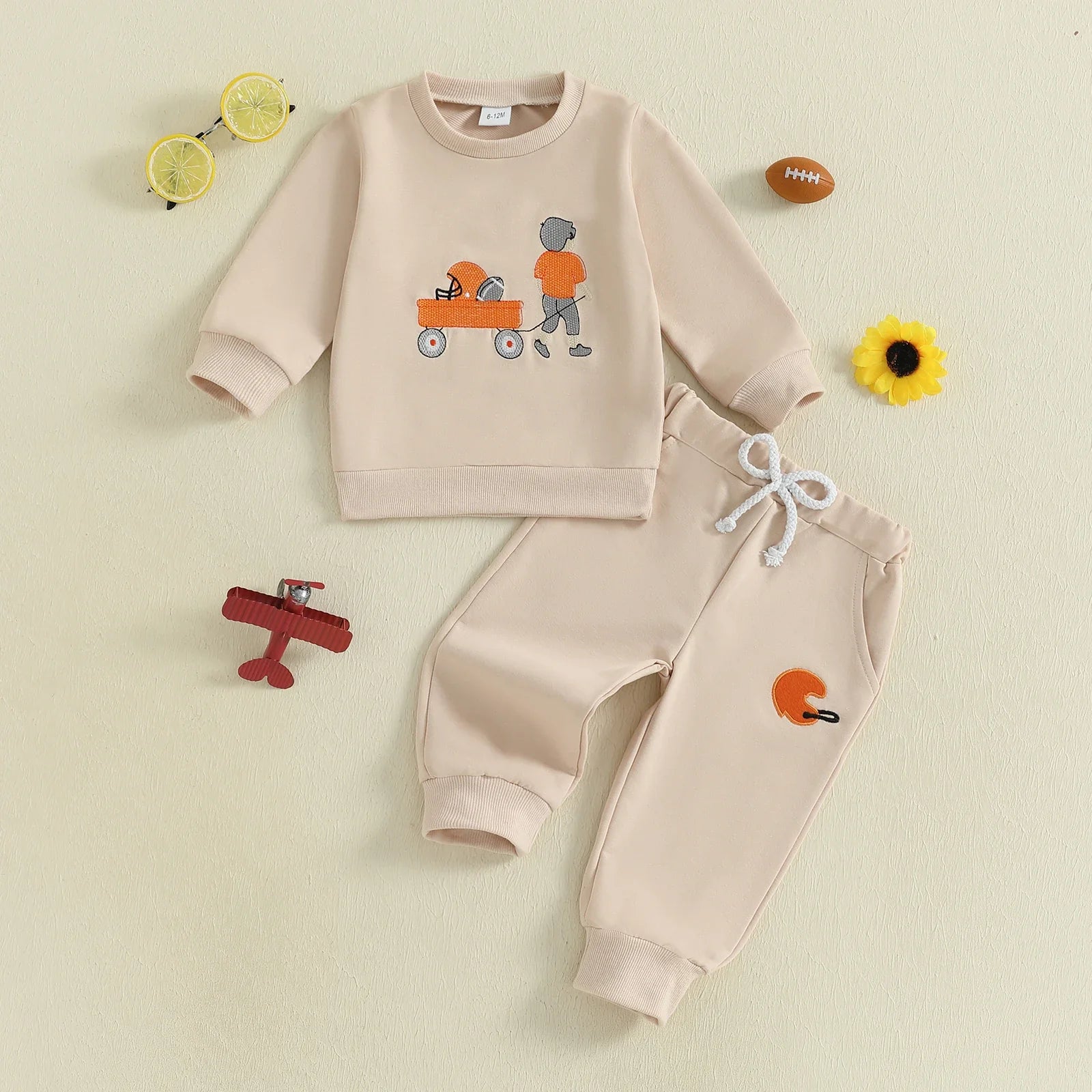Autumn Long Sleeve Football Embroidery Top Drawstring Jogger Pants Set
