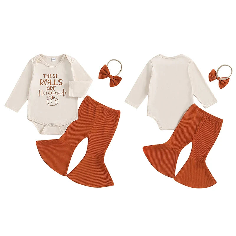 These Rolls Are Homemade Thanksgiving Onesie with Bell Bottoms and Headband Bow