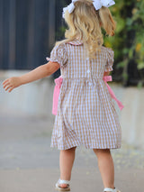 Fall Thanksgiving Lapel Plaid Chick Embroidery Smocking Bow Baby Girls Dress