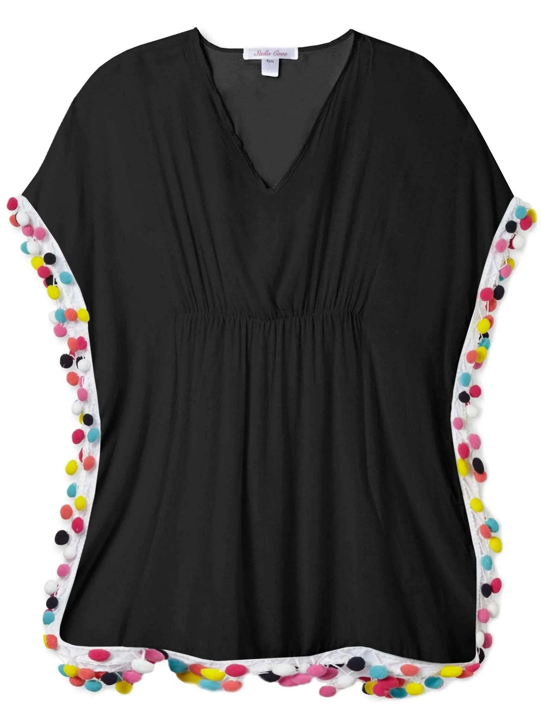 Three Little Tots Stella Cove - black cover up poncho with multicolor pom poms for girls