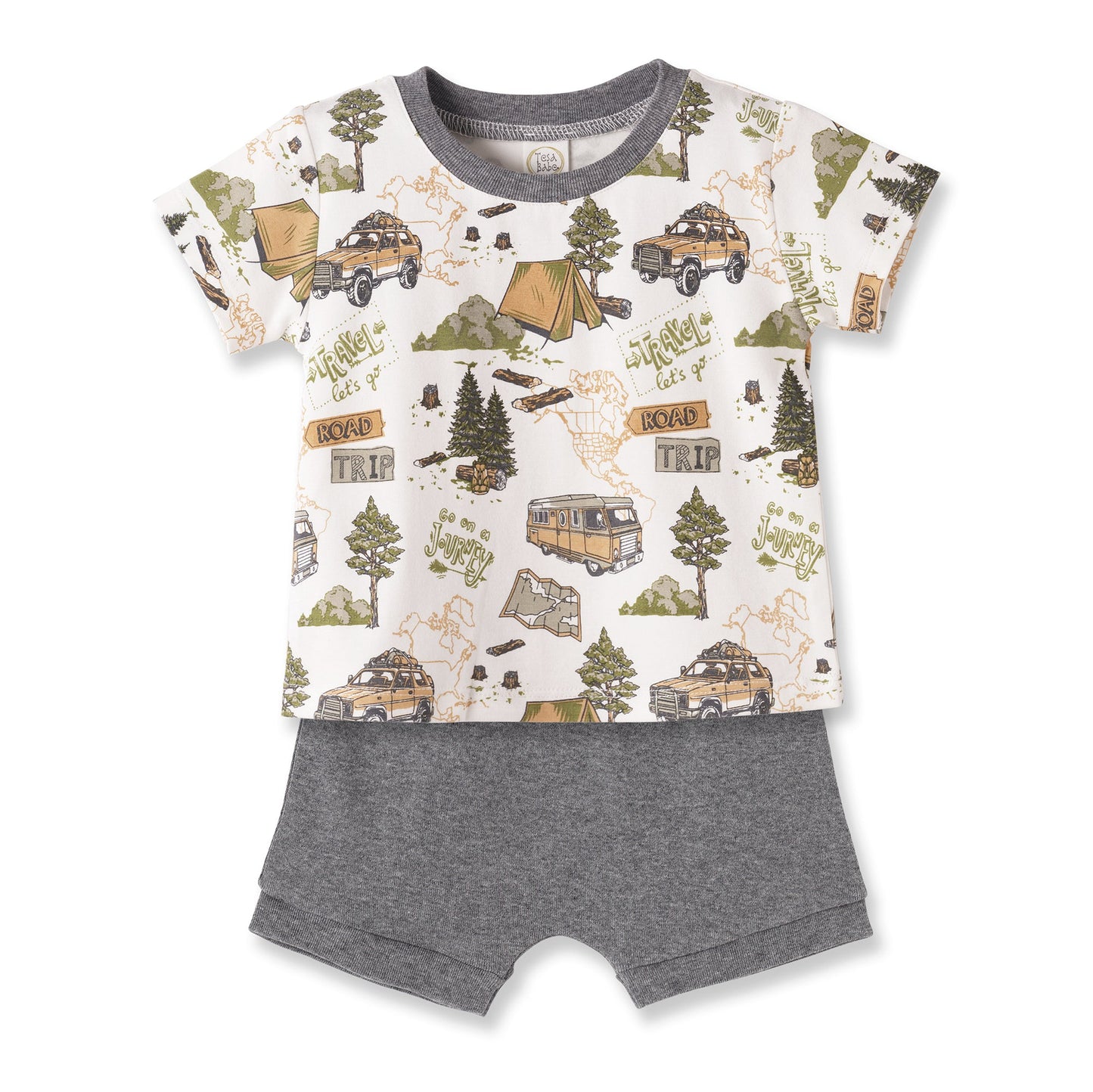 Children's outfit with t-shirt and shorts featuring camping-themed print on a white background