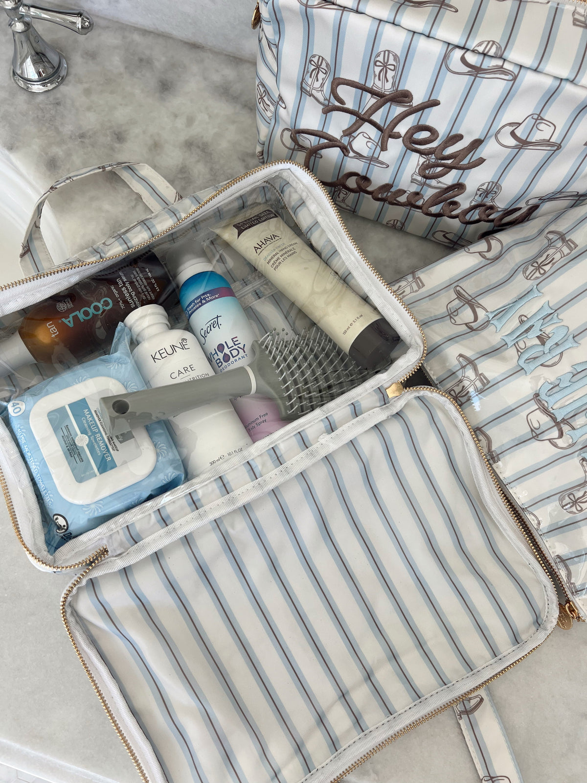 Three Little Tots Western Blues Striped - Clear Coat Toiletry Case - Preorder, sixth additional photo