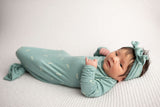 Three Little Tots Arrow Newborn Knotted Baby Gown with bow. Newborn baby girl with knotted bow and lots of hair