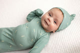 Three Little Tots Arrow Newborn Knotted Baby Gown with hat. Little newborn baby boy shown with Three Little Tots knotted baby gown with fold over mittens