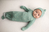 Three Little Tots Arrow Newborn Knotted Baby Gown with hat. Cute newborn boy baby photo with fold over mittens