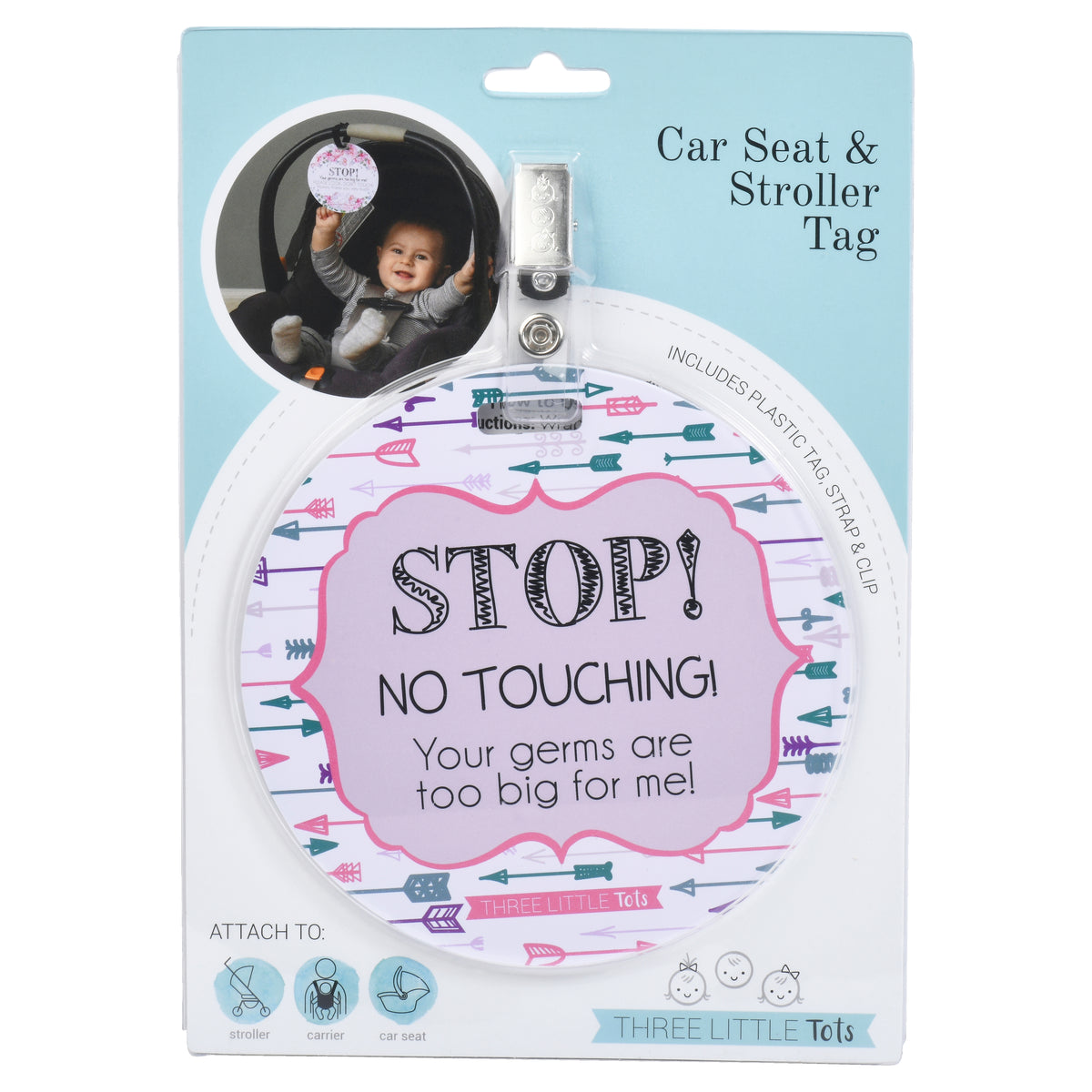 Packaging of the Three Little Tots No Touching My Baby Car Seat Sign