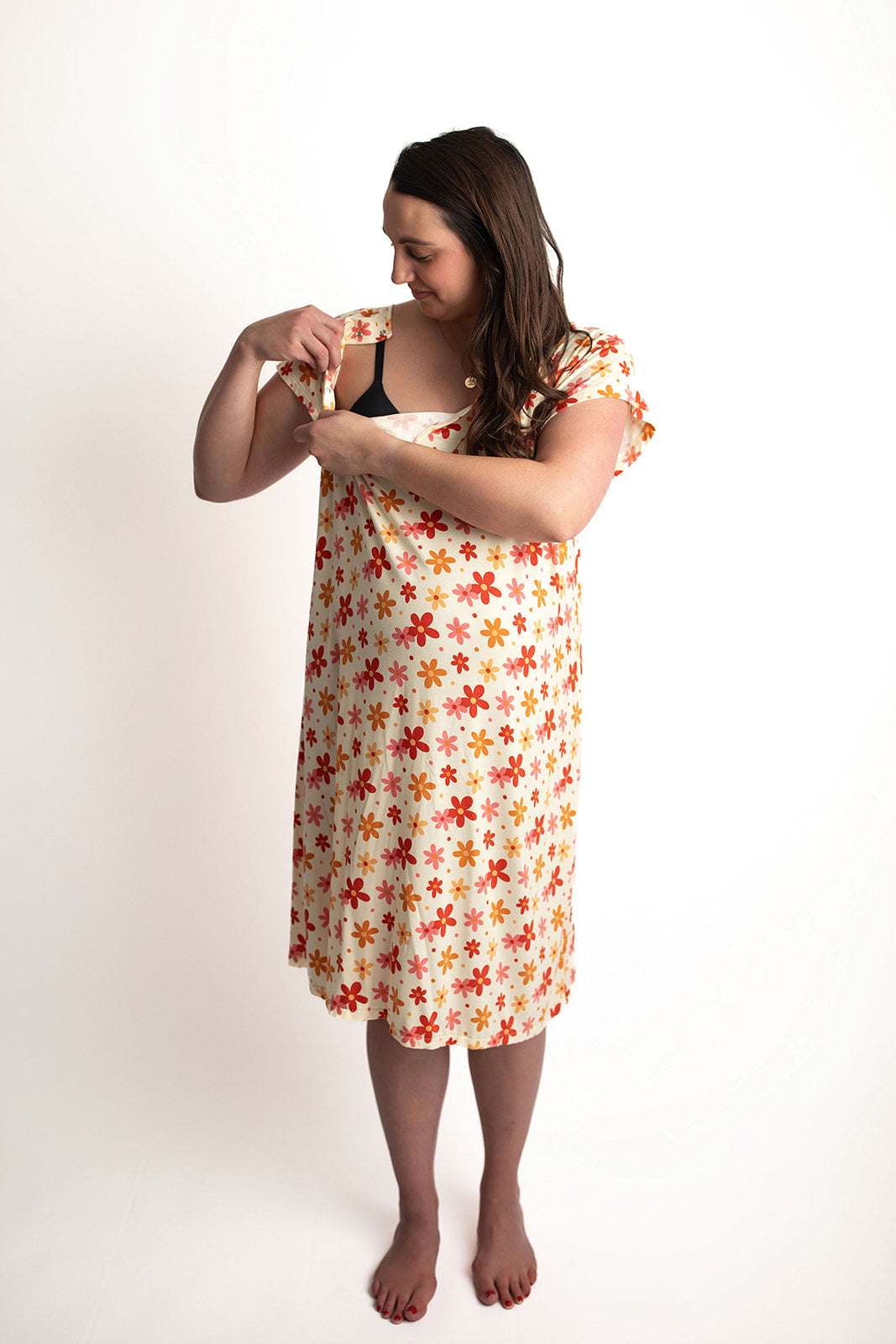Three Little Tots Groovy Floral Hospital Labor and Delivery Gown. Snaps down the shoulder of the hospital gown that allows you to pull up and down over IVs and monitors. They also allow for easy skin on skin and breastfeeding.