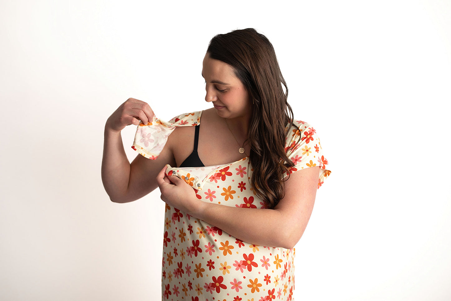 Three Little Tots Groovy Floral Hospital Labor and Delivery Gown. The snaps down the shoulders on both sides allow for easy access to pull up and down over IVs, easy breastfeeding and instant Skin on Skin