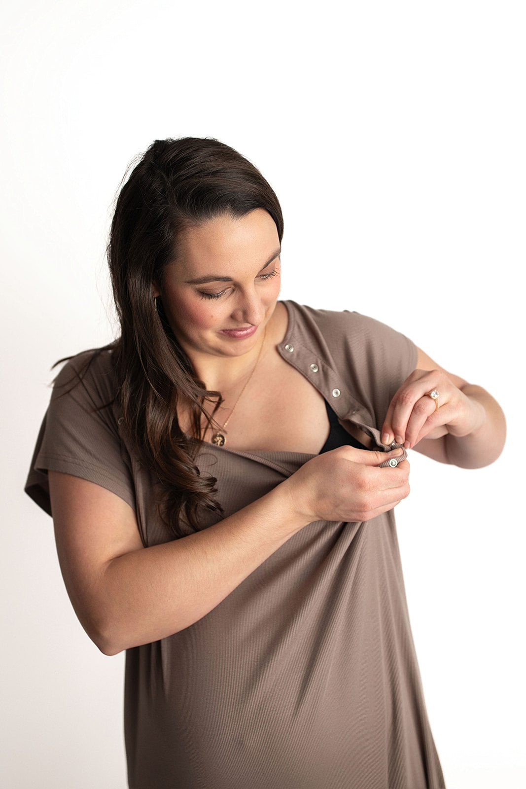 Three Little Tots Cocoa Brown Labor and delivery gown. The cutest softest Labor and delivery hospital gown. Snaps down the shoulder allow for you to pull up and down over IVs and for easy access to breastfeed