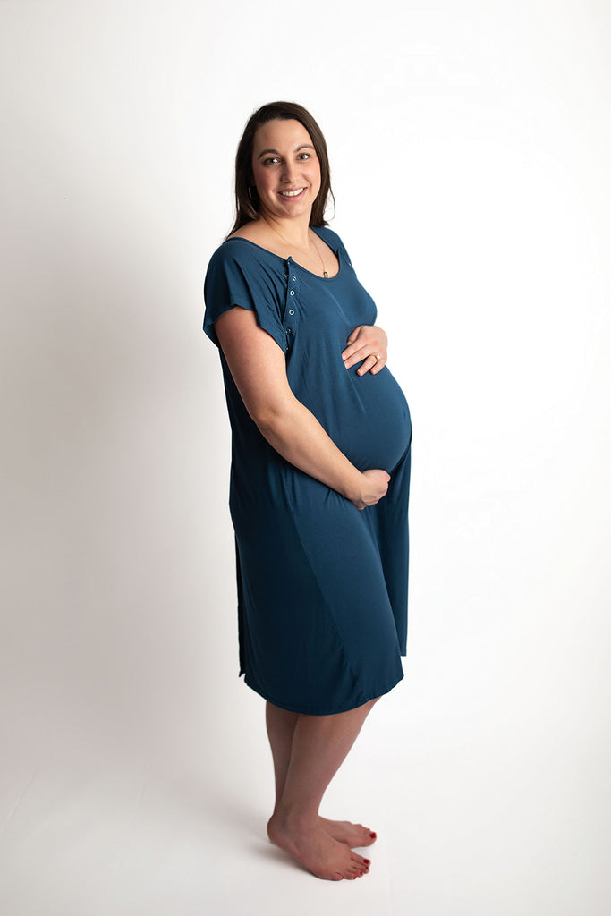 Three Little Tots Navy Blue Labor and delivery gown. The cutest softest Labor and delivery hospital gown. Snaps down the shoulder allow for you to pull up and down over IVs and for easy access to breastfeed