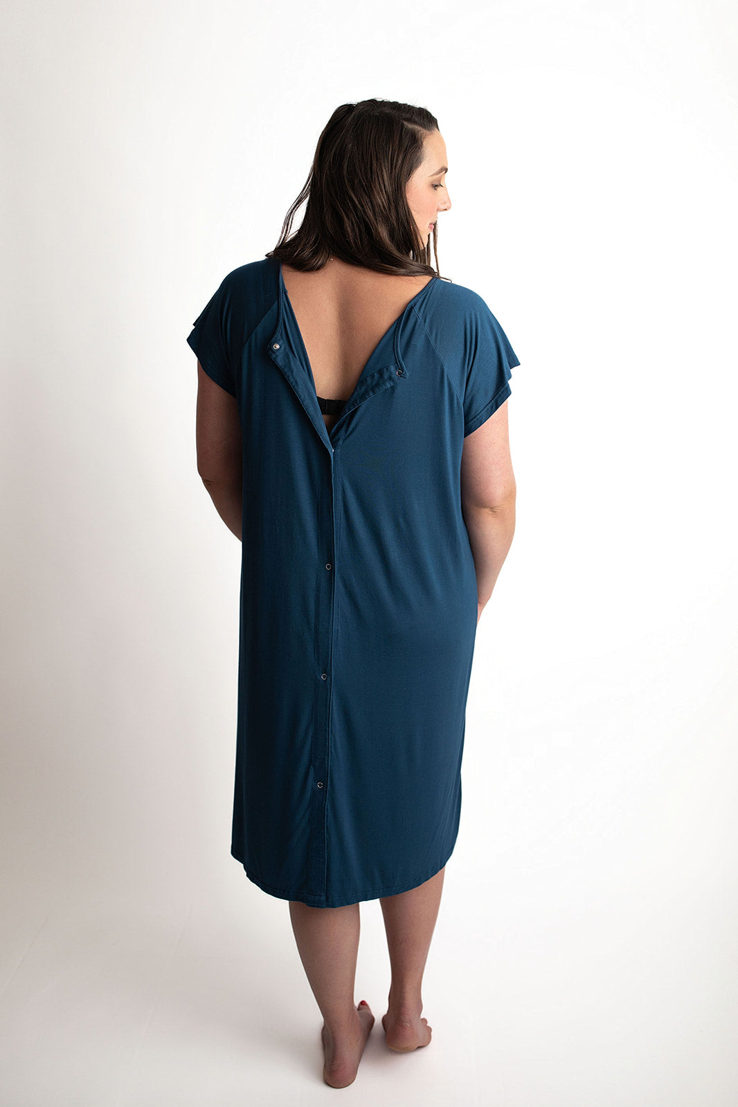 Three Little Tots Navy Blue Labor and delivery gown. The cutest softest Labor and delivery hospital gown. Snaps down the shoulder allow for you to pull up and down over IVs and for easy access to breastfeed