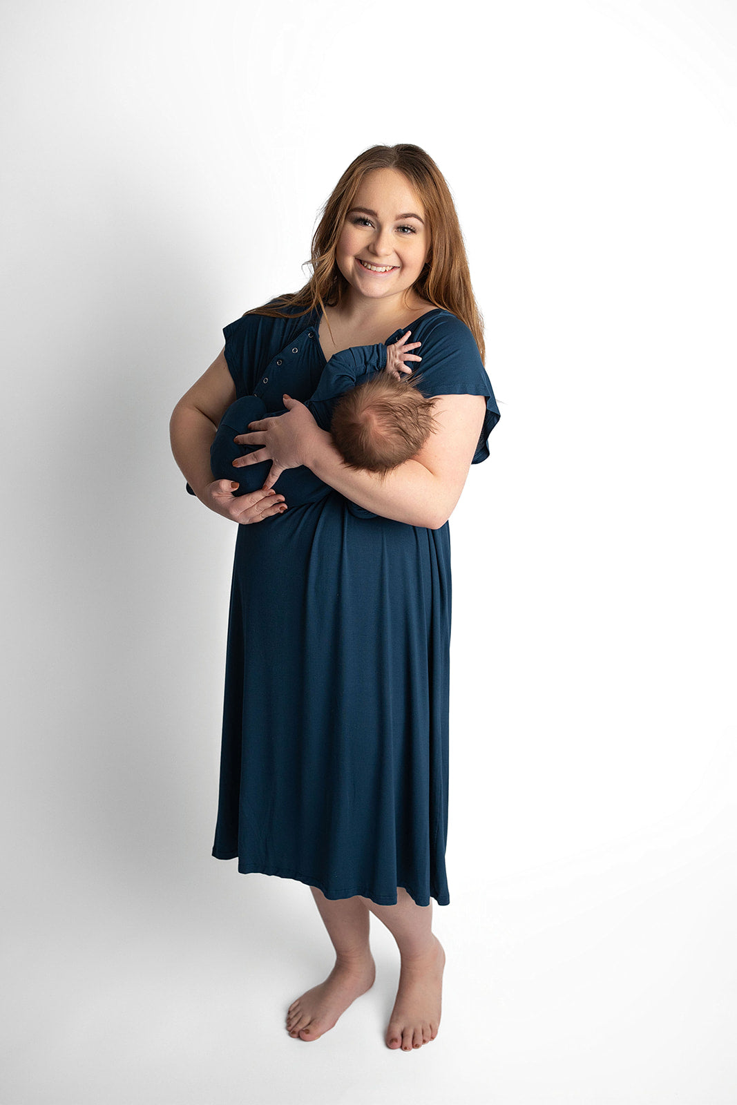 Three Little Tots Navy Blue Labor and delivery gown. The cutest softest Labor and delivery hospital gown. Snaps down the shoulder allow for you to pull up and down over IVs and for easy access to breastfeed