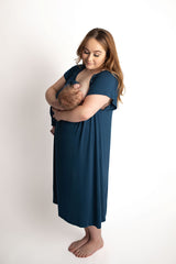 Three Little Tots Navy Blue Labor and delivery gown. The cutest softest Labor and delivery hospital gown. Snaps down the shoulder allow for you to pull up and down over IVs and for easy access to breastfeed