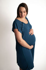 Three Little Tots Navy Blue Labor and delivery gown. The cutest softest Labor and delivery hospital gown. Snaps down the shoulder allow for you to pull up and down over IVs and for easy access to breastfeed