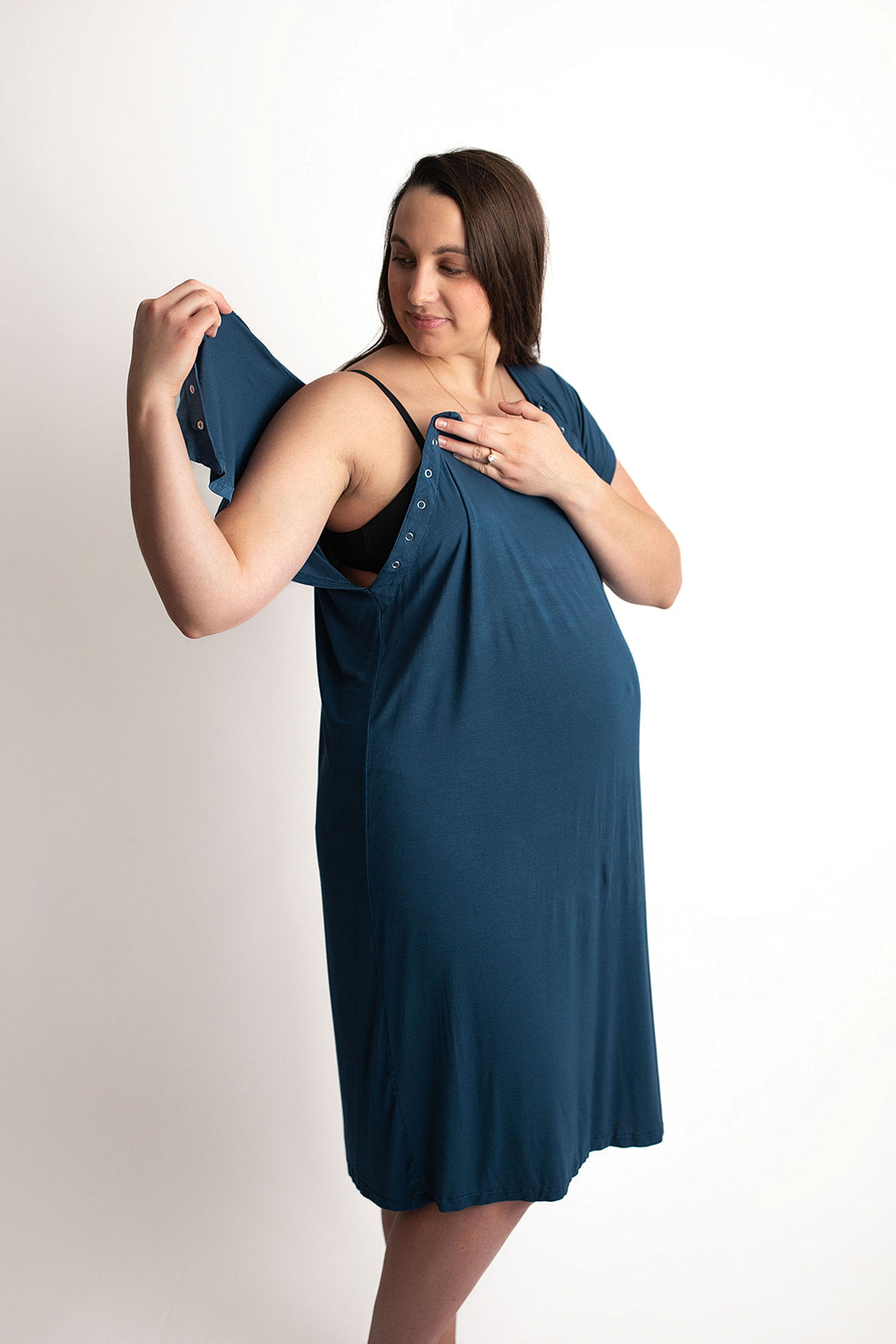 Three Little Tots Navy Blue Labor and delivery gown. The cutest softest Labor and delivery hospital gown. Snaps down the shoulder allow for you to pull up and down over IVs and for easy access to breastfeed