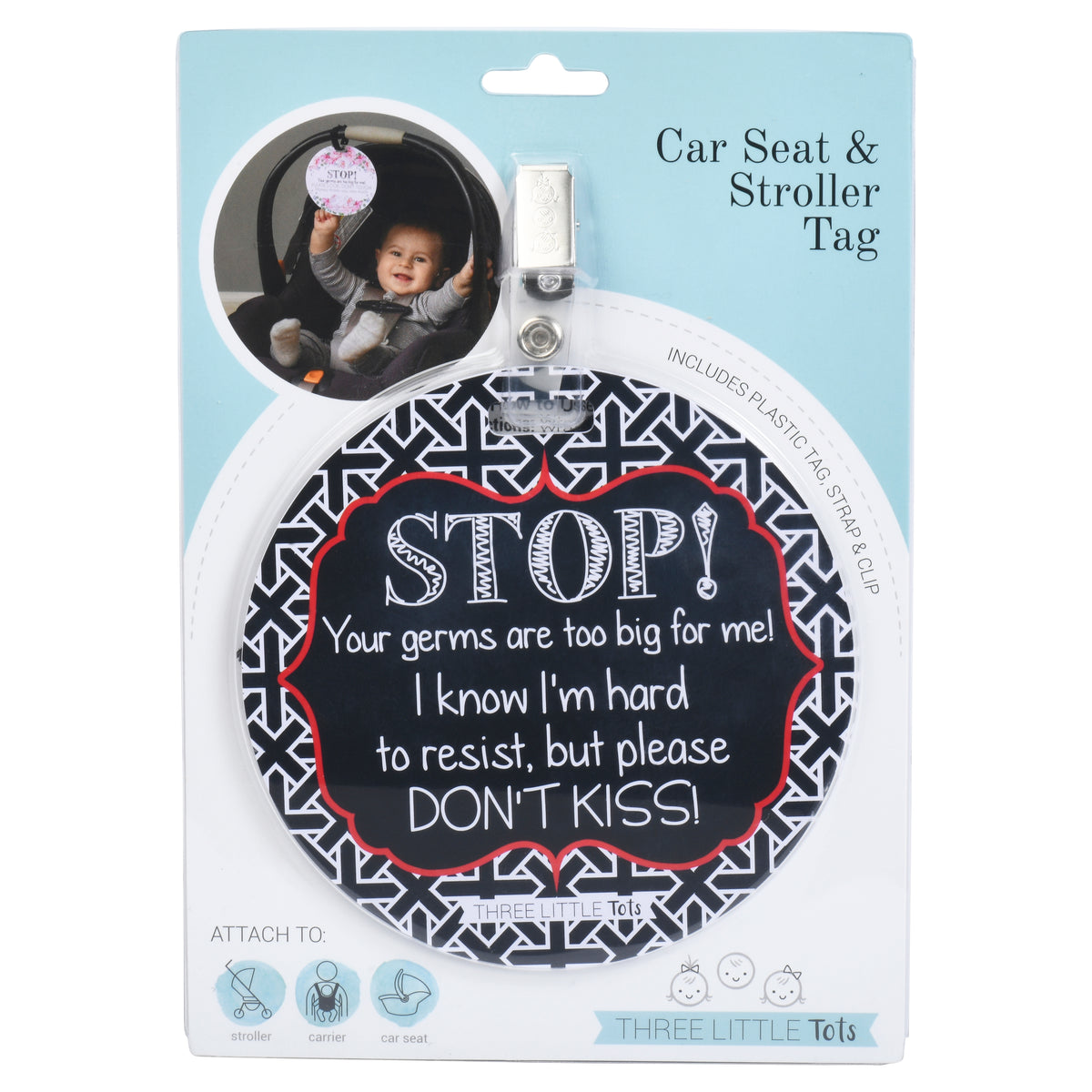 Three Little Tots No Kissing Car Seat sign packaging