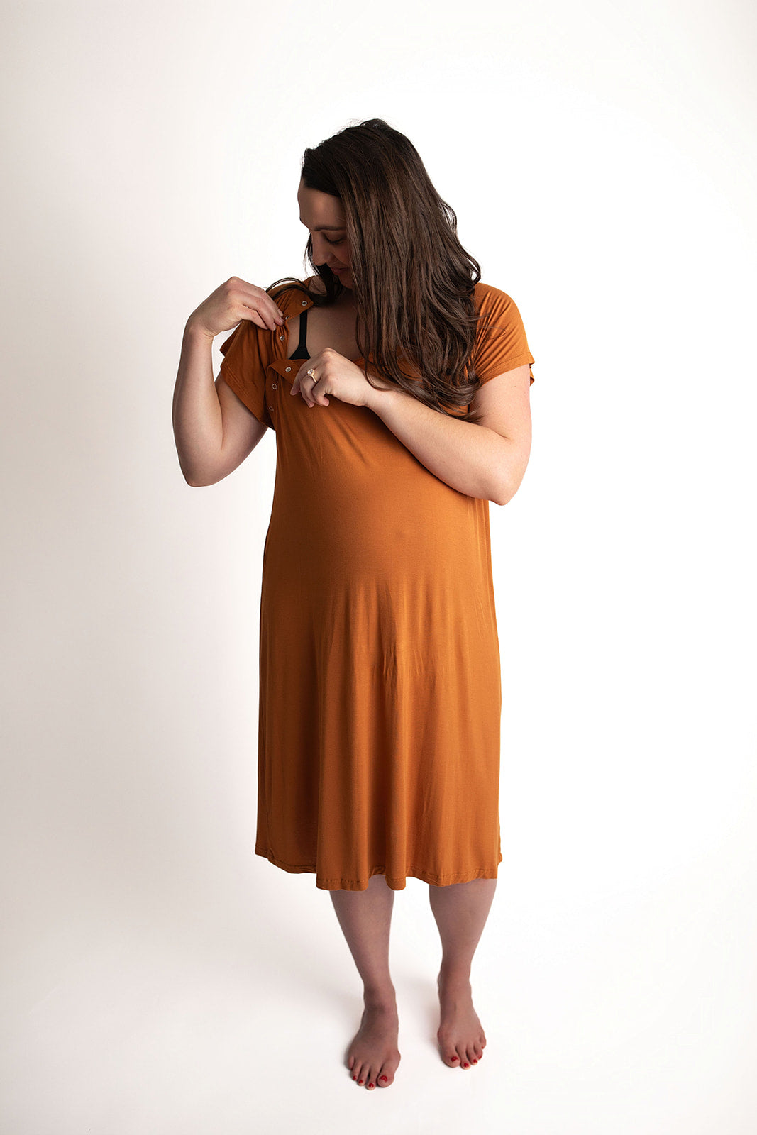 Three Little Tots Saddle Longhorn Orange Labor and delivery gown. The cutest softest Labor and delivery hospital gown. Snaps down the shoulder allow for you to pull up and down over IVs and for easy access to breastfeed