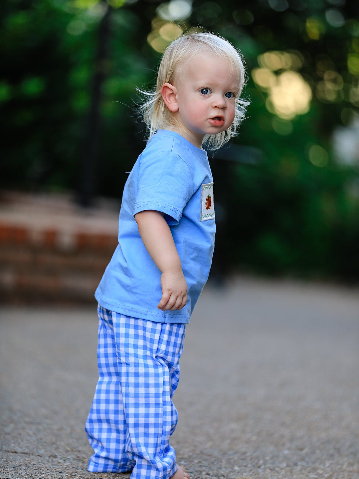 Three Little Tots Fall Thanksgivingand Halloween Blue Pumpkin Smock Embroidery Baby Boy'Set, extra product detail