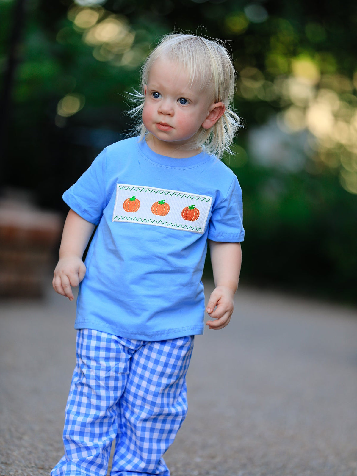 Three Little Tots Fall Thanksgivingand Halloween Blue Pumpkin Smock Embroidery Baby Boy'Set, additional view