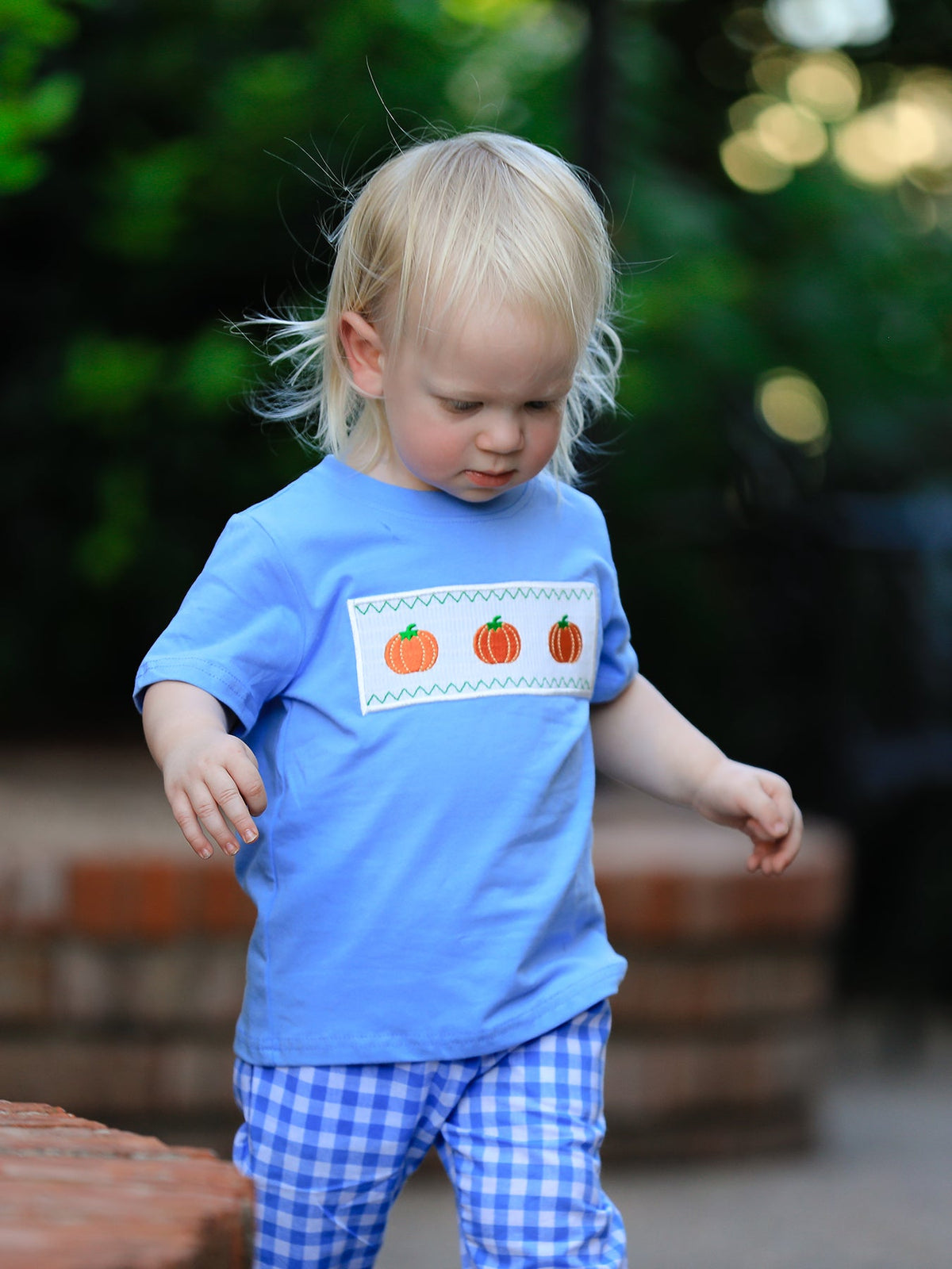 Three Little Tots Fall Thanksgivingand Halloween Blue Pumpkin Smock Embroidery Baby Boy'Set, additional product photo