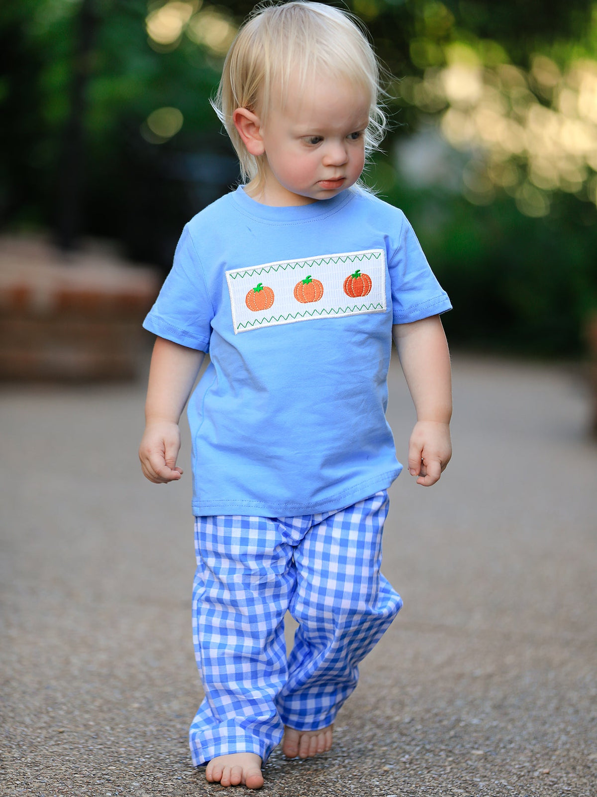 Three Little Tots Fall Thanksgivingand Halloween Blue Pumpkin Smock Embroidery Baby Boy'Set