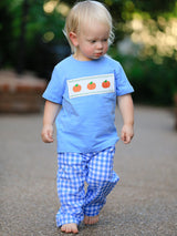 Three Little Tots Fall Thanksgivingand Halloween Blue Pumpkin Smock Embroidery Baby Boy'Set
