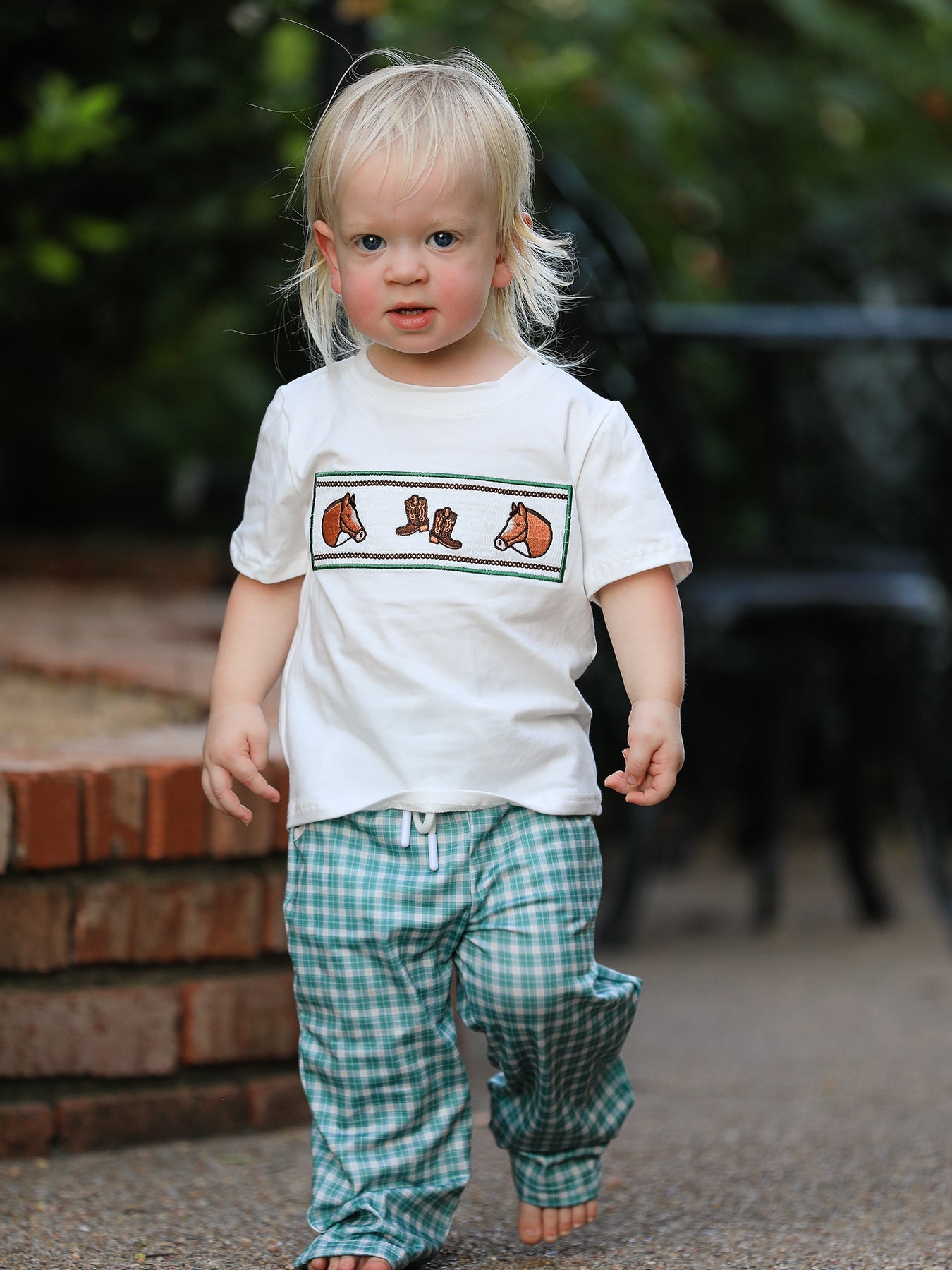 Three Little Tots Western Plaid Horse Embroidery Boy Pants Set