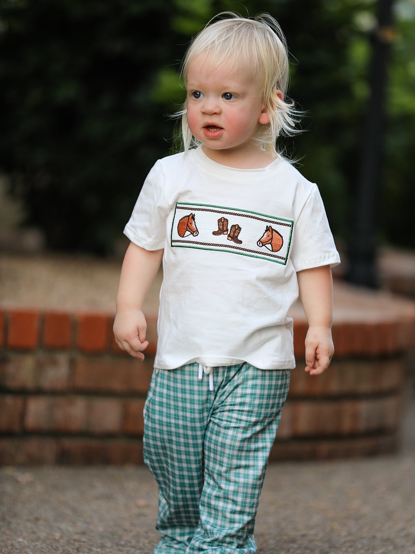 Three Little Tots Western Plaid Horse Embroidery Boy Pants Set, additional view