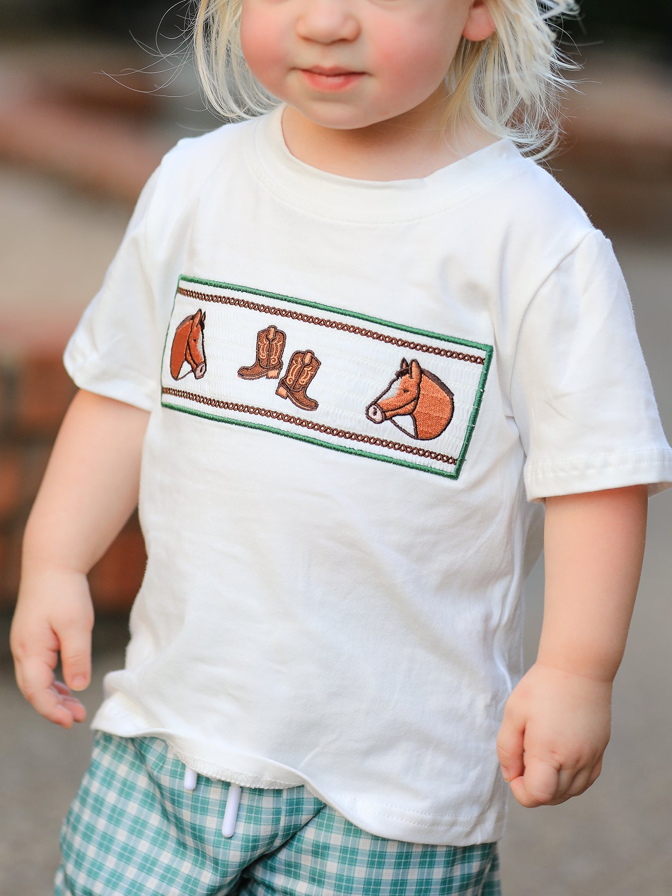 Three Little Tots Western Plaid Horse Embroidery Boy Pants Set, extra product detail