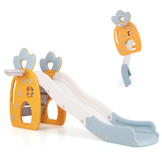 Three Little Tots Foldable Slide with Basketball Hoop and Buffer Zone for Kids Aged 3 Years Old