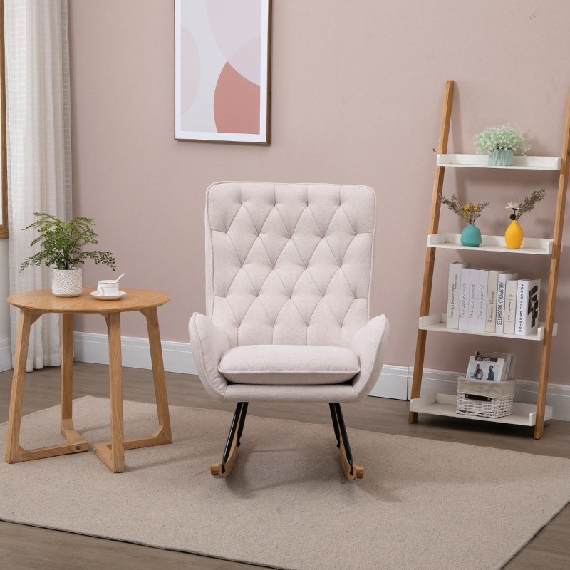 HOMCOM Mid-Century Fabric Nursery Rocker in Cream White