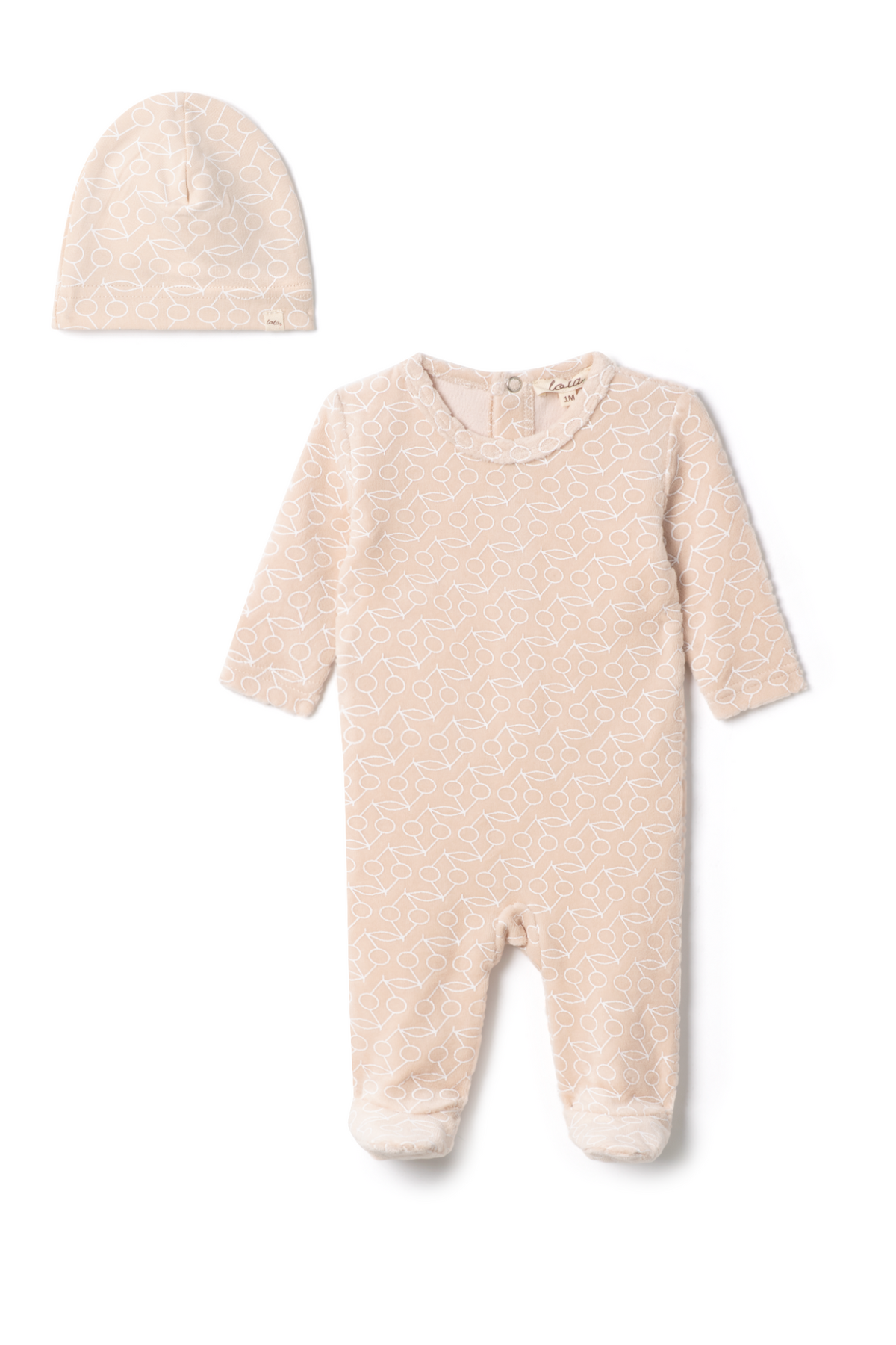 Three Little Tots Cherry Print Velour Onesie, in Linen