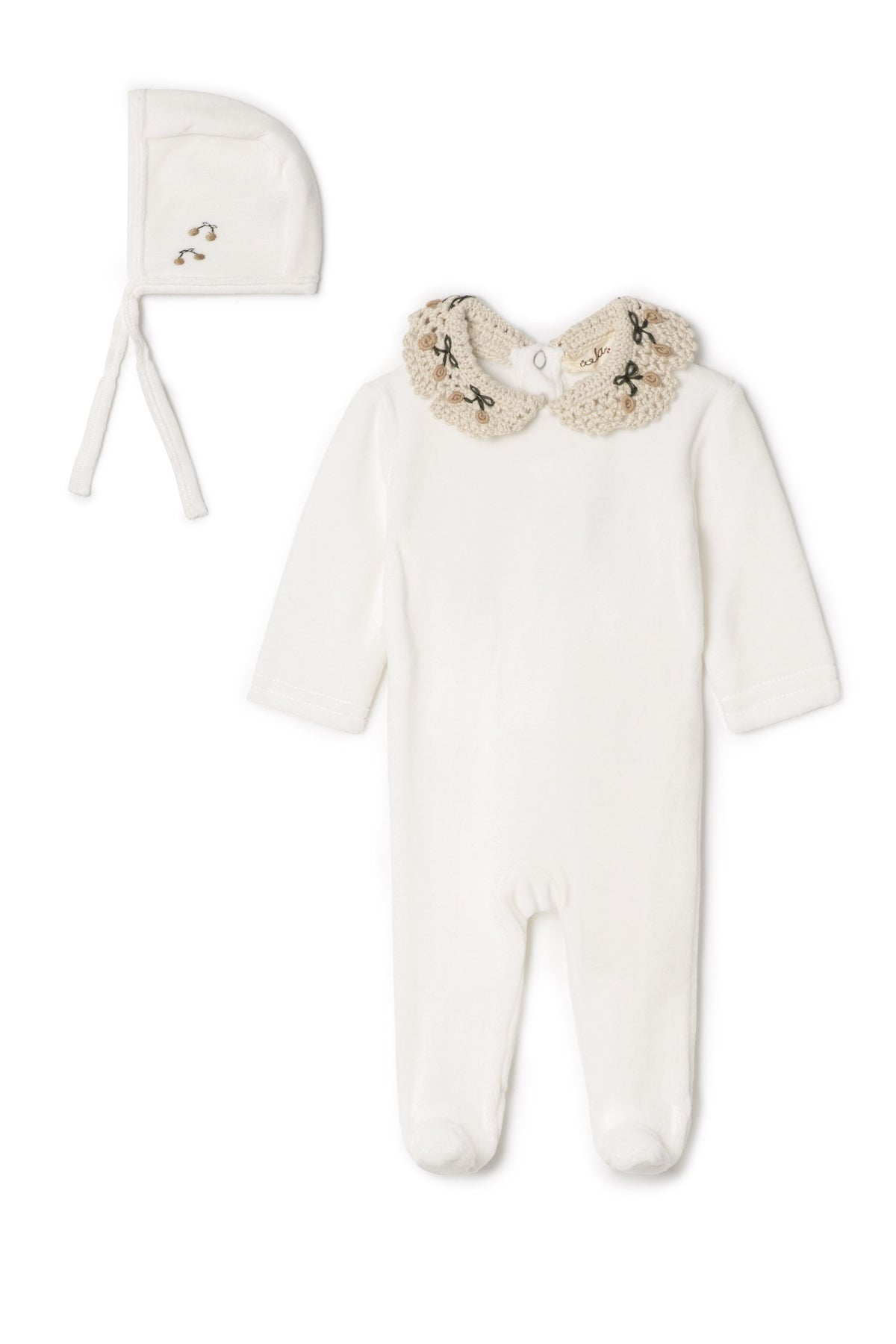 Three Little Tots Velour Crocket Collar Onesie, in Off White