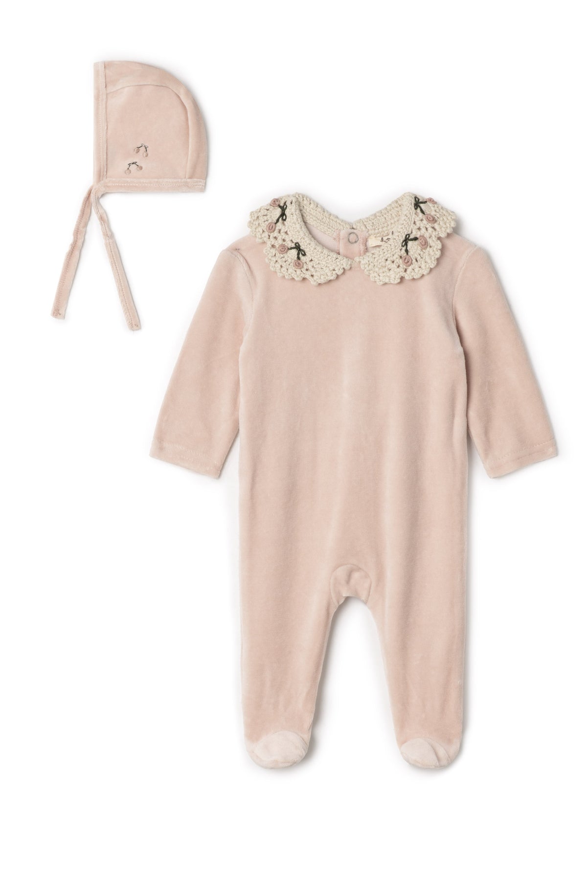Three Little Tots Velour Crocket Collar Onesie, in Rose Cloud
