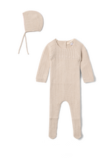 Three Little Tots Cable Knit Onesie and Bonnet, in Sand/Pink