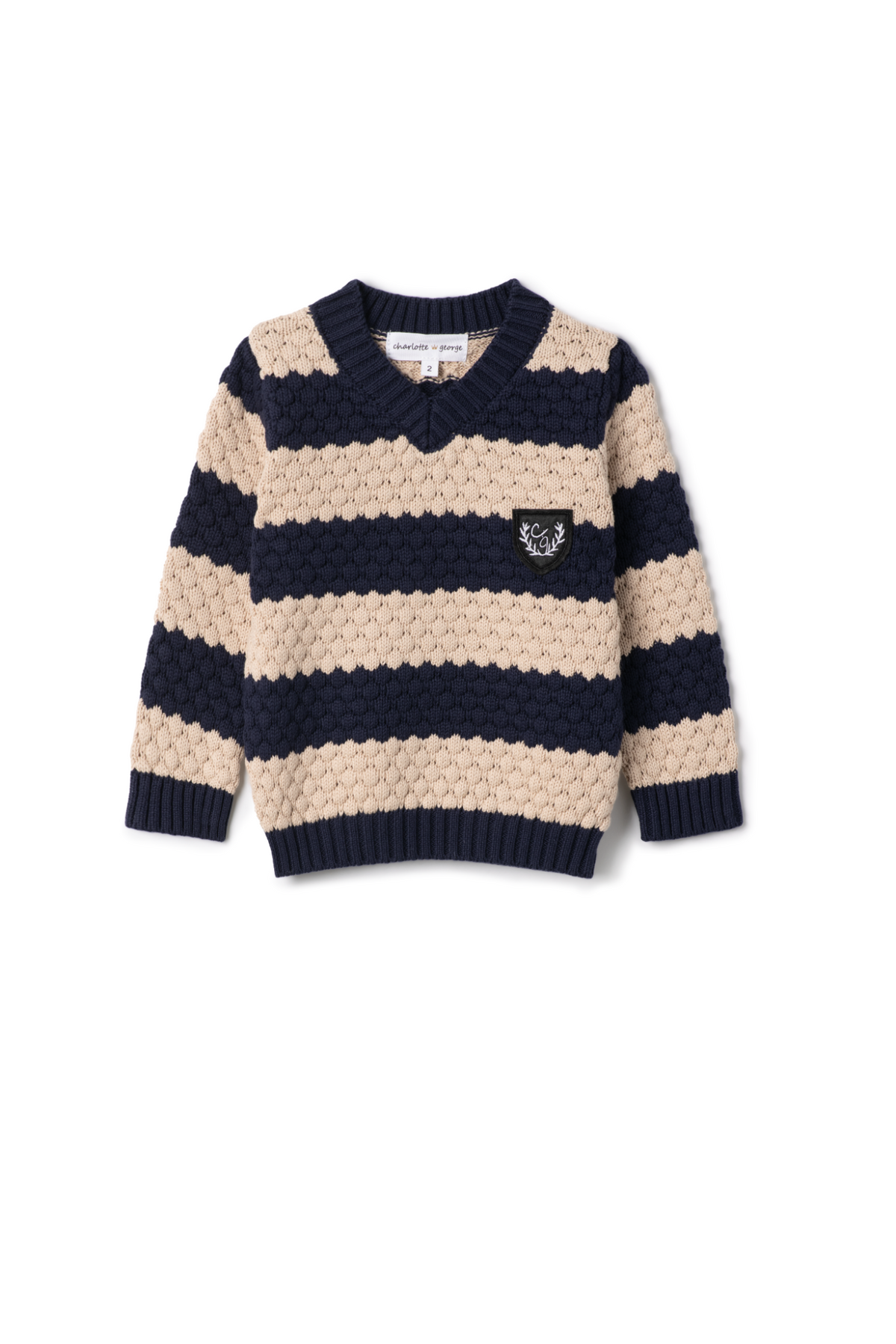 Three Little Tots Striped Knit Vneck Sweater, in Dark Navy/Dark Almond