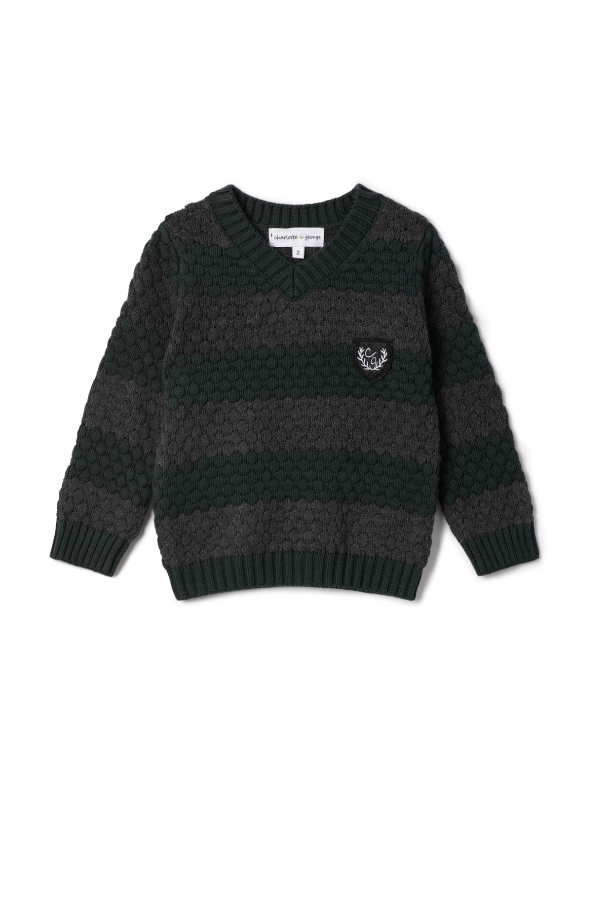 Three Little Tots Striped Knit Vneck Sweater, in Forest/Charcoal