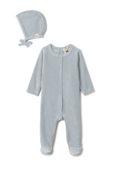 Three Little Tots Velour Pompom Onesie, in Blue