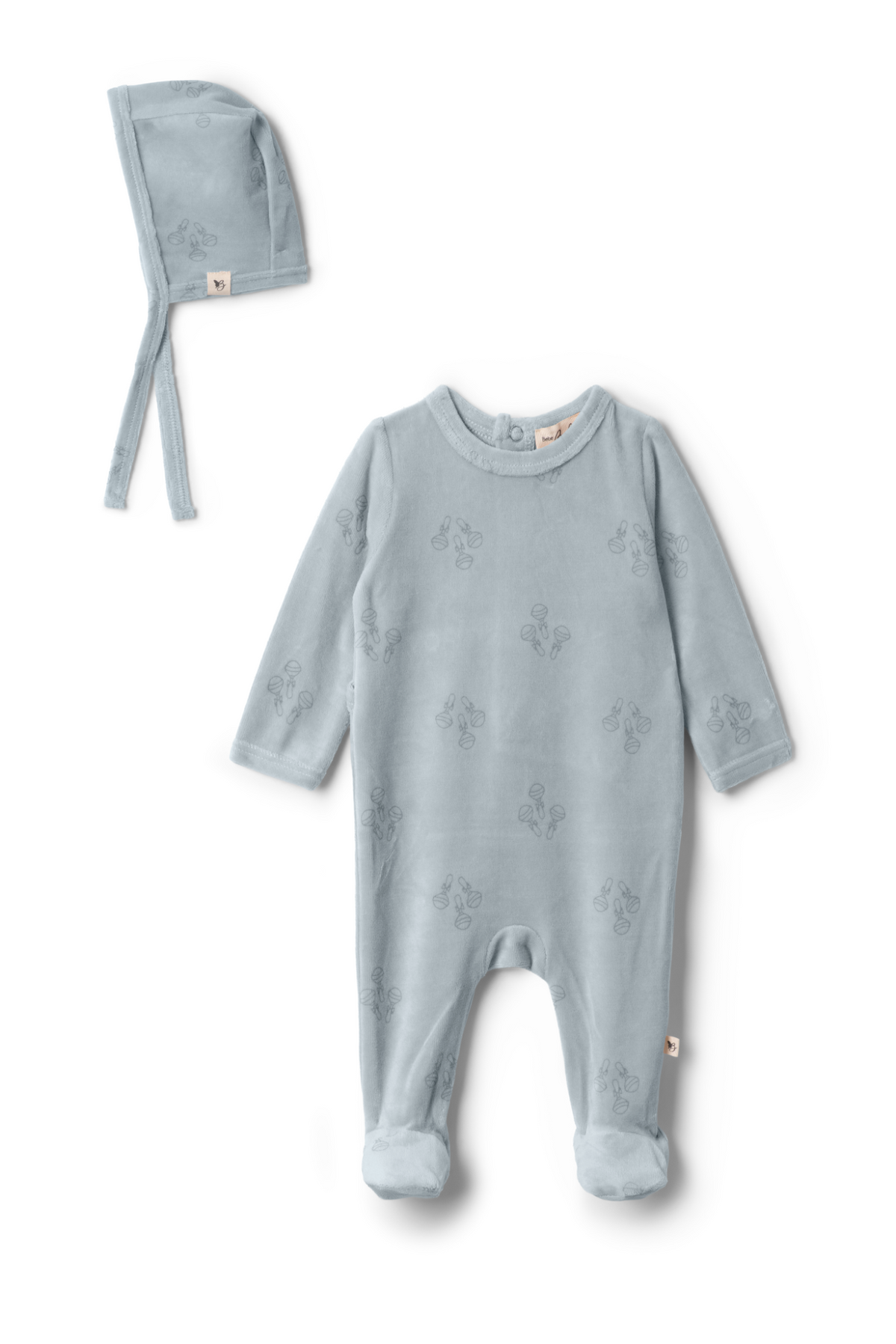 Three Little Tots Rattle Print Onesie, in Blue