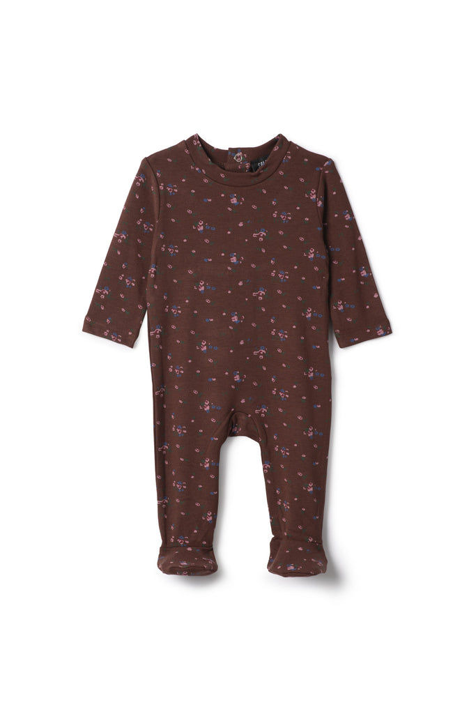 Brown baby onesie with subtle pattern on a white background