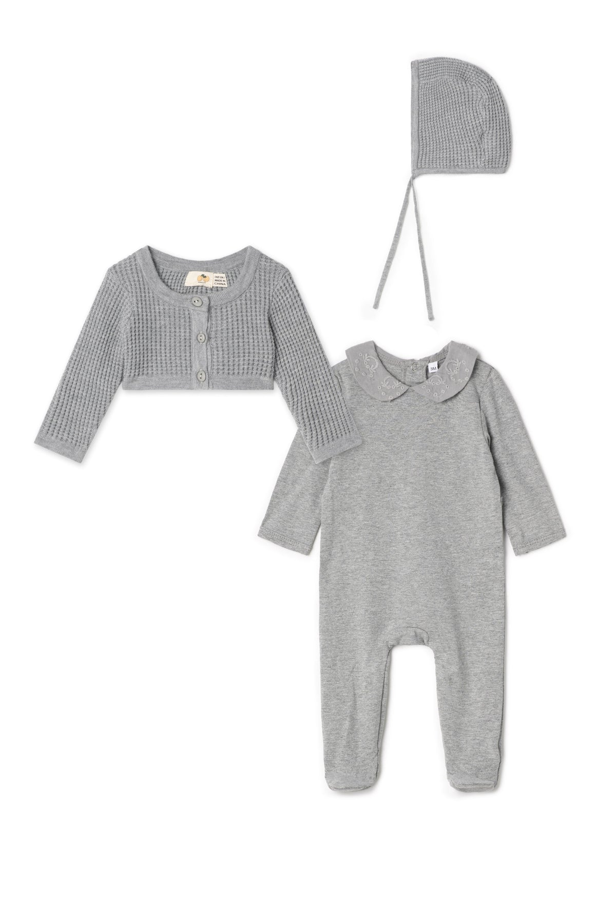 Three Little Tots Waffle Knit Onesie Cardigan Set, in Grey Mix