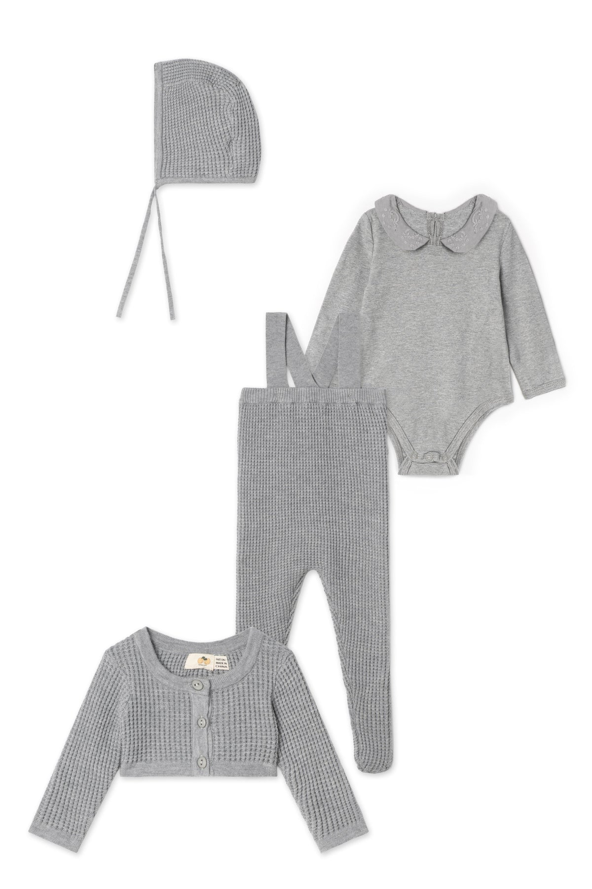 Three Little Tots Waffle Knit Overall Set, in Grey Mix