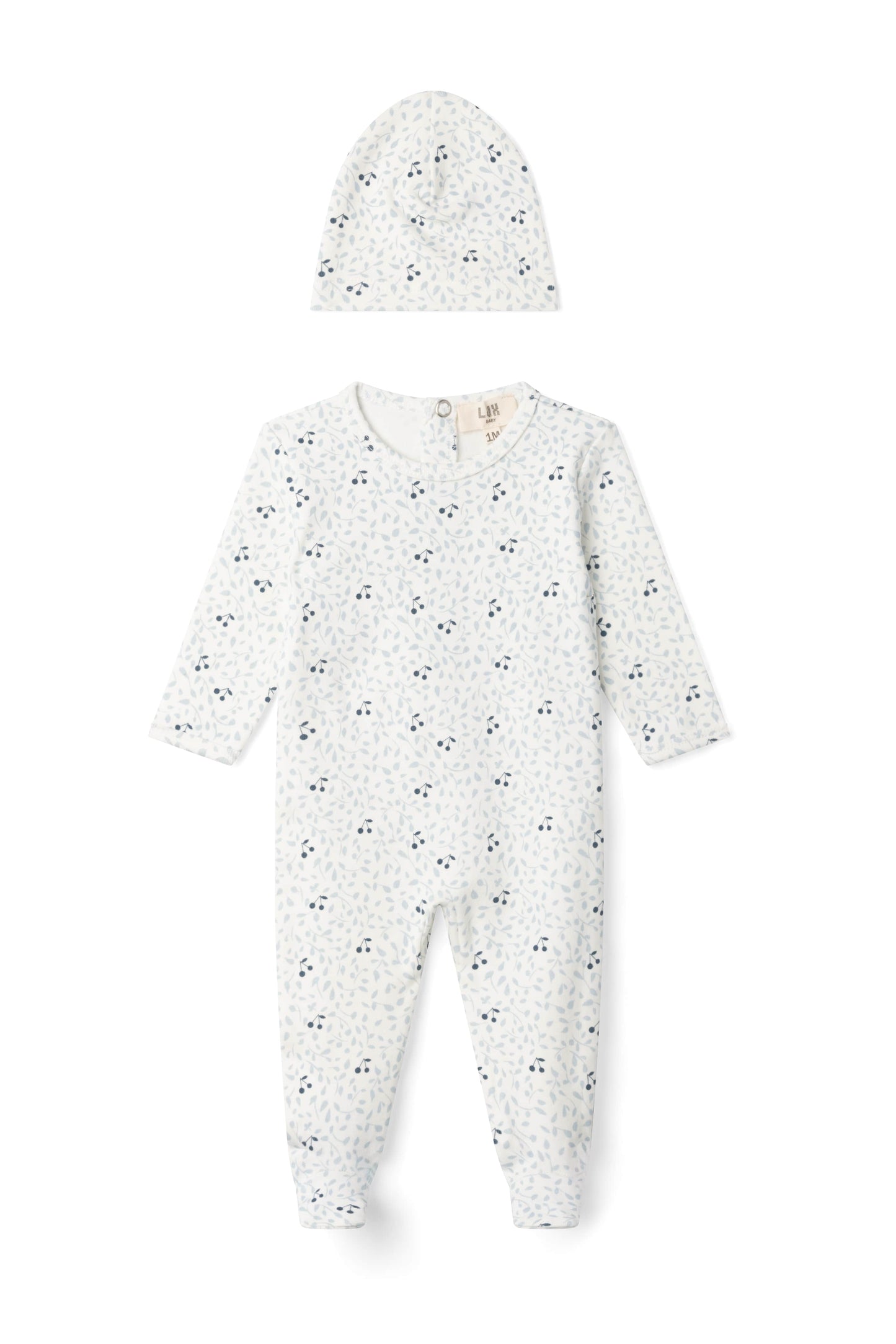 Three Little Tots Branch and Cherry Print Onesie, in Off White/Blue