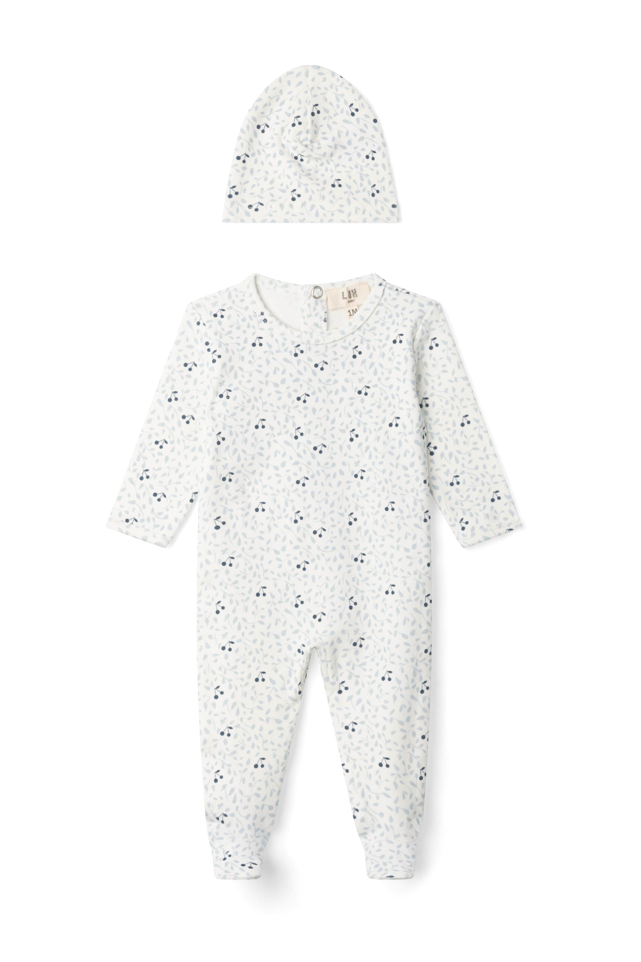Three Little Tots Branch and Cherry Print Onesie, in Off White/Blue