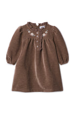 Three Little Tots Velvet Embroidered Floral Dress, in Taupe